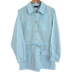 Style & Co. Linen Shirt Women Medium Blue Sea Mist Button Long Sleeve Drawstring